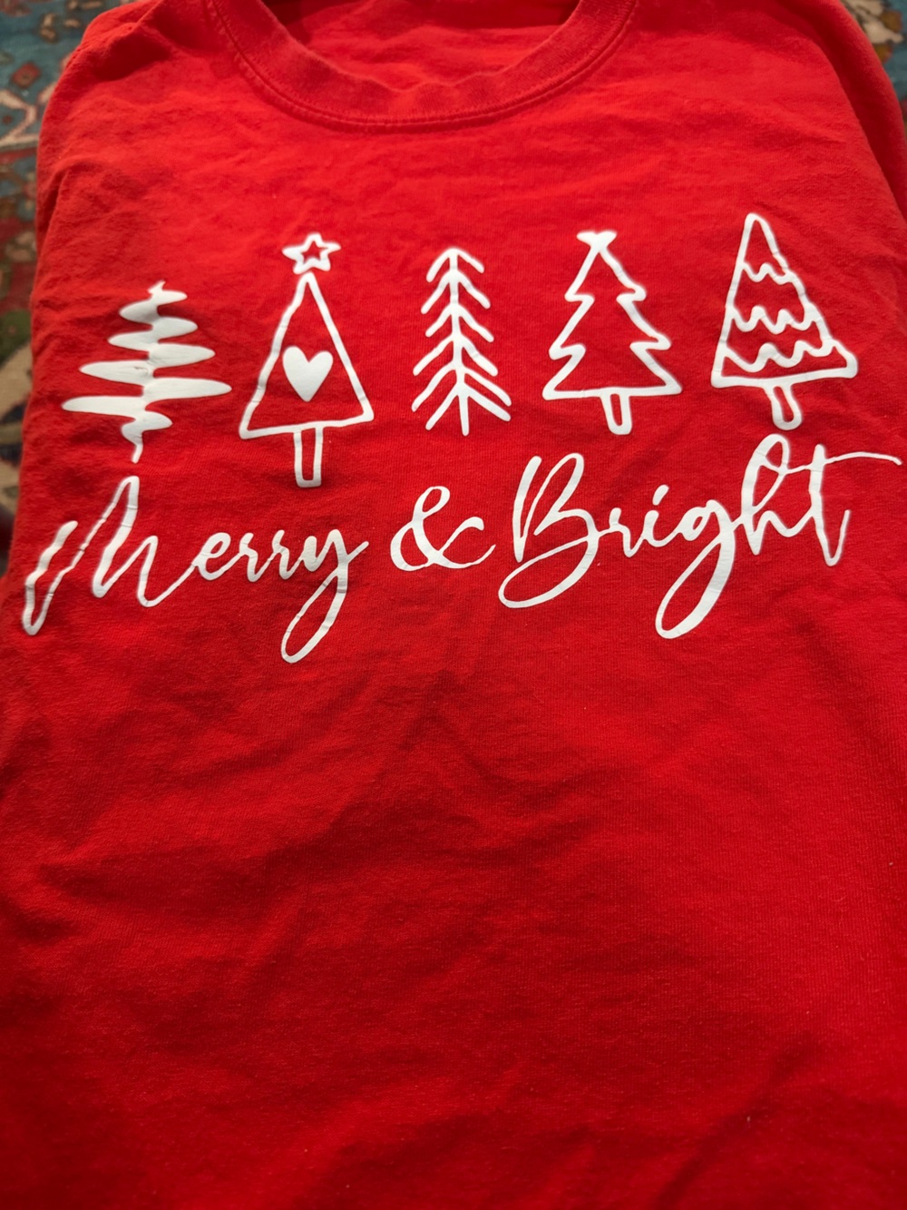 Gildan Red Tee with White Graphic Christmas trees